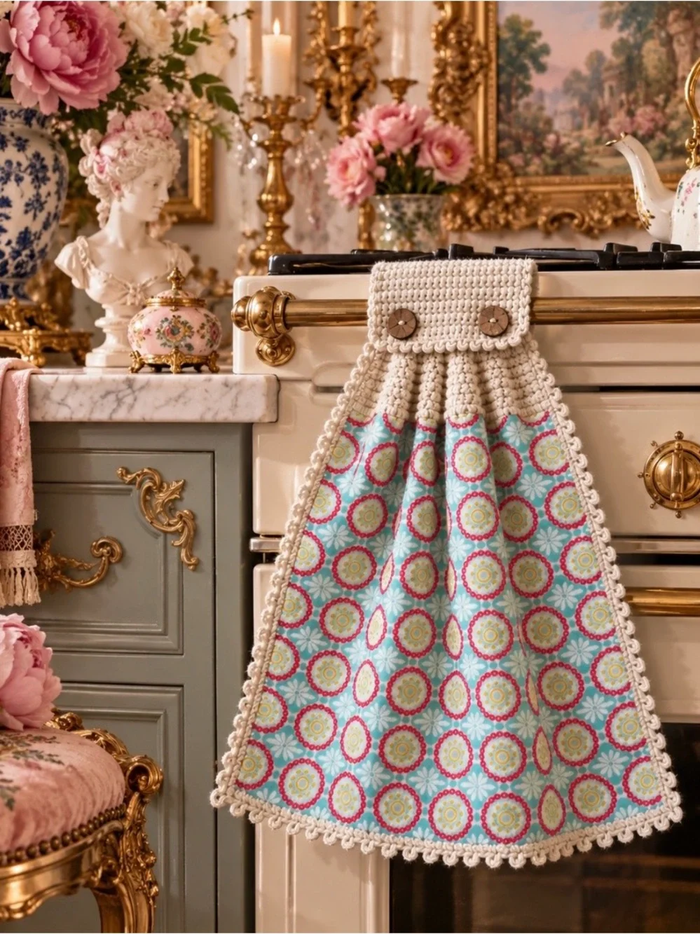 Pioneer Woman Aqua Medallion Crochet Hanging Kitchen Towel